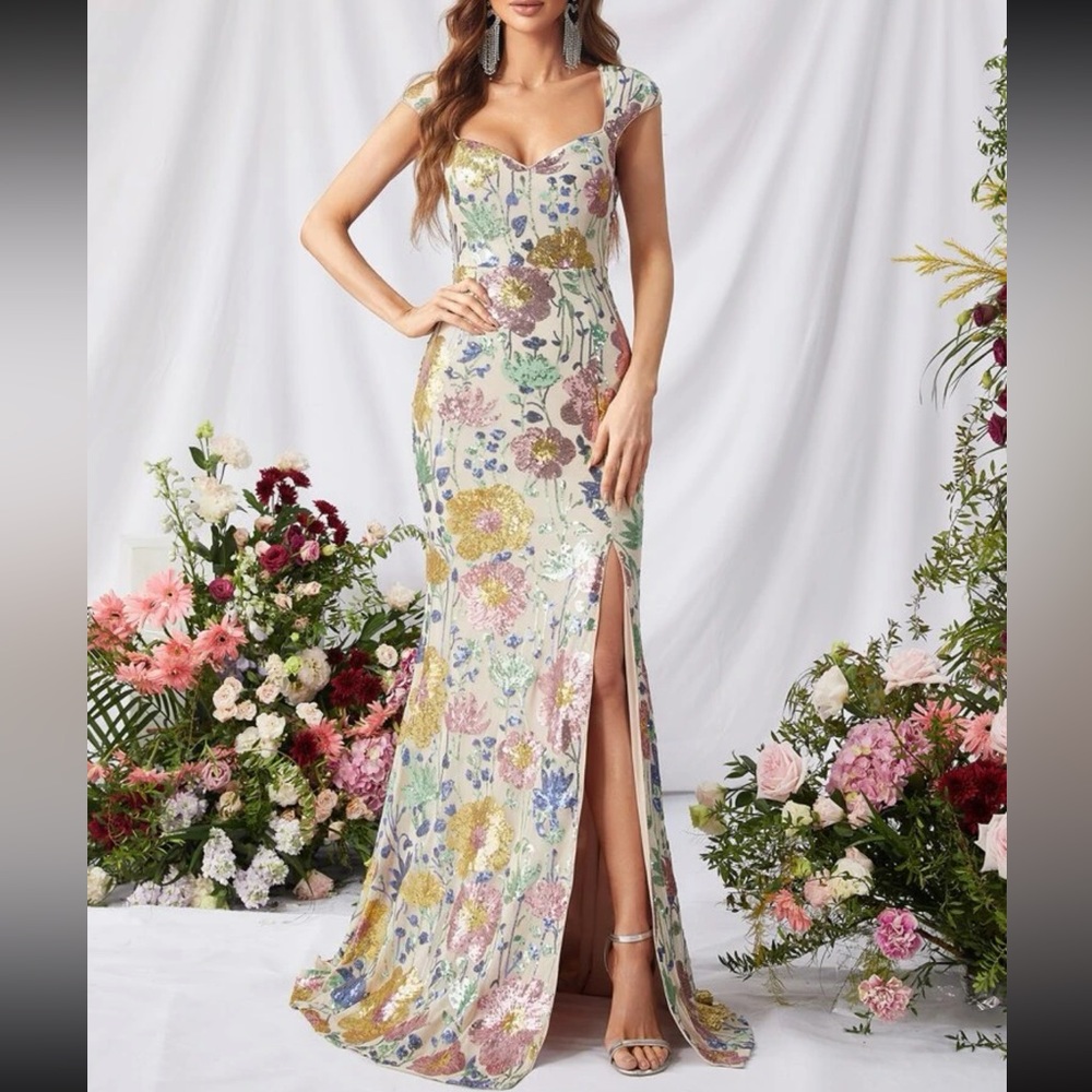 COPY - Luce floral sequins mermaid hem slit thigh party wedding cocktail gown d…